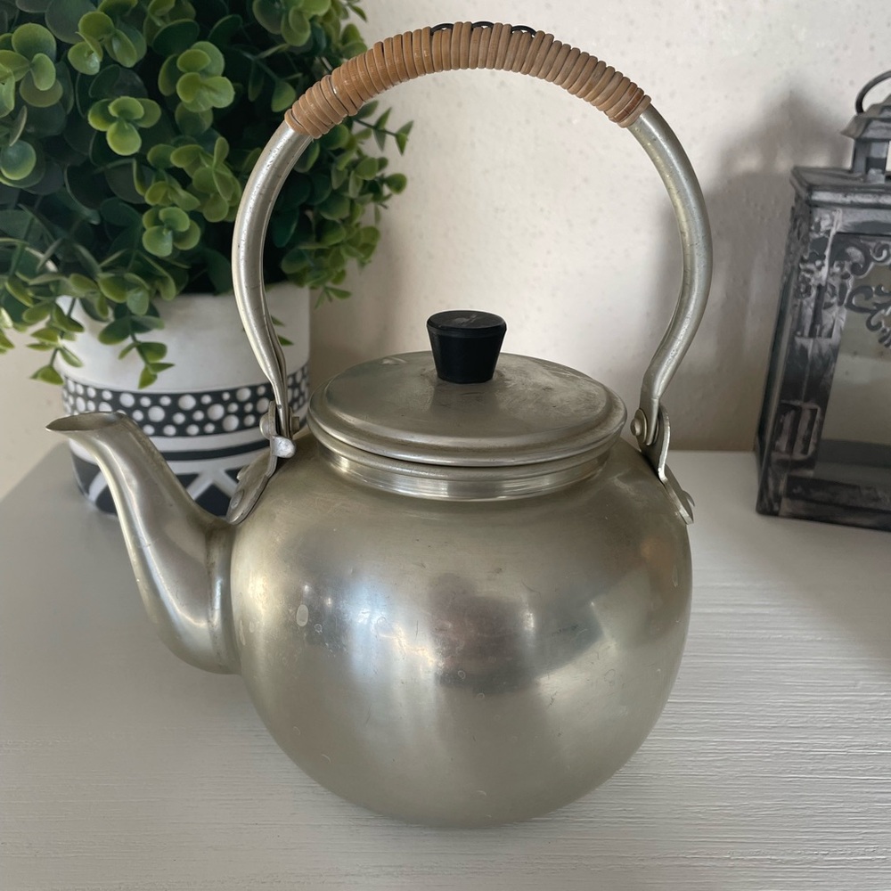 Vintage Otagiri OMC Japan Aluminum Tea Pot Bamboo Handle Hot Water Tea Kettle